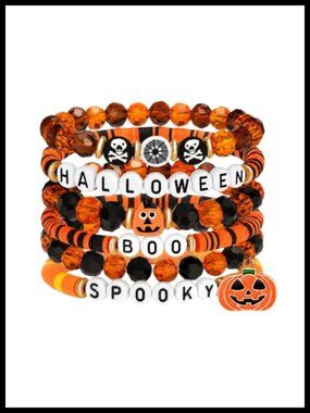 Halloween Stretch Bracelets Pumpkin Skull Spider Web Charms Stackable Beaded